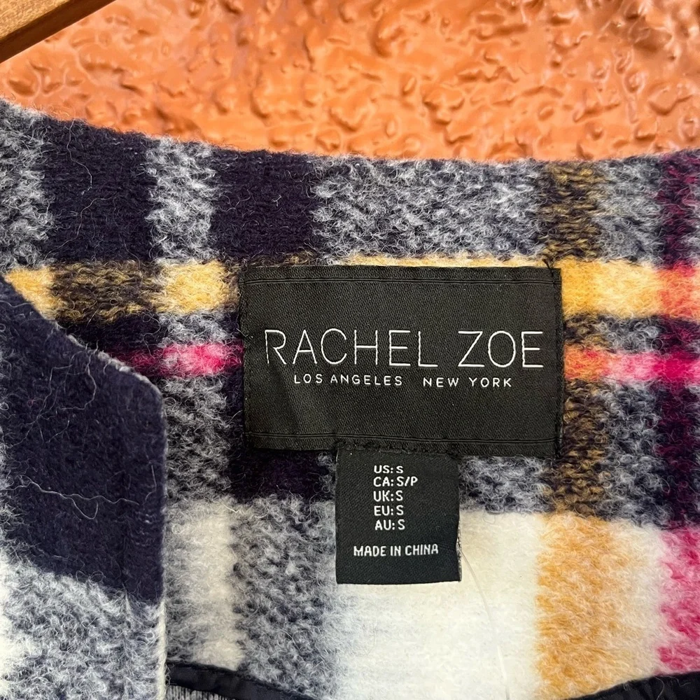Rachel Zoe Womens Wool Blend Open Front Long Jacket Multicolor Plaid Size Small - Picture 2 of 6